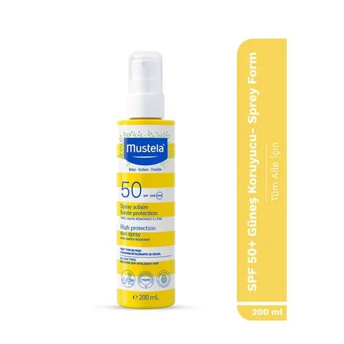 Mustela SPF 50+ Yüksek Koruma Yüz Vücut Güneş Sprey Suya Dayanıklı Tüm Ciltler ve Aile İçin 200ml