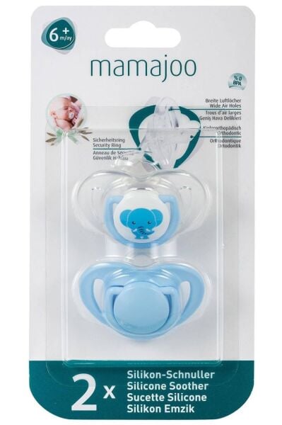 Mamajoo Silikon Ortodontik İkili Emzik Mavi Fil / 6 ay +