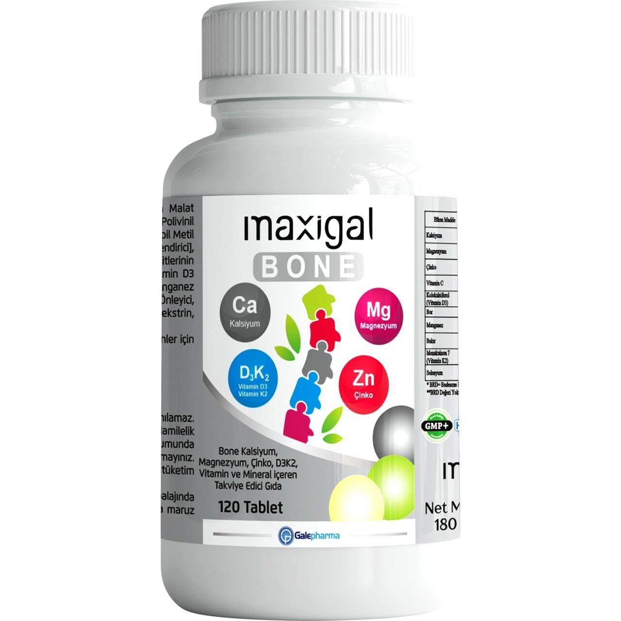 Maxigal Bone Kalsiyum, Magnezyum - Çinko, D3K2 Vitamin ve Mineral 120 Tablet