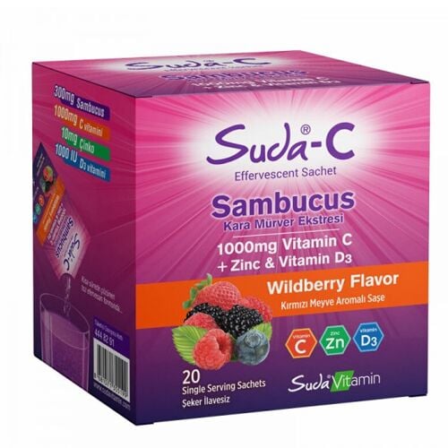Suda Vitamin Sambucus Kara Mürver Ekstresi 1000mg Vitamin C + Zinc + D3 20 Saşe